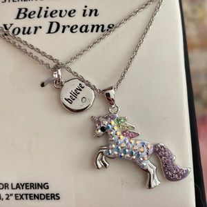 Unicorn Believe in Your Dreams necklace set Sterling Silver plated